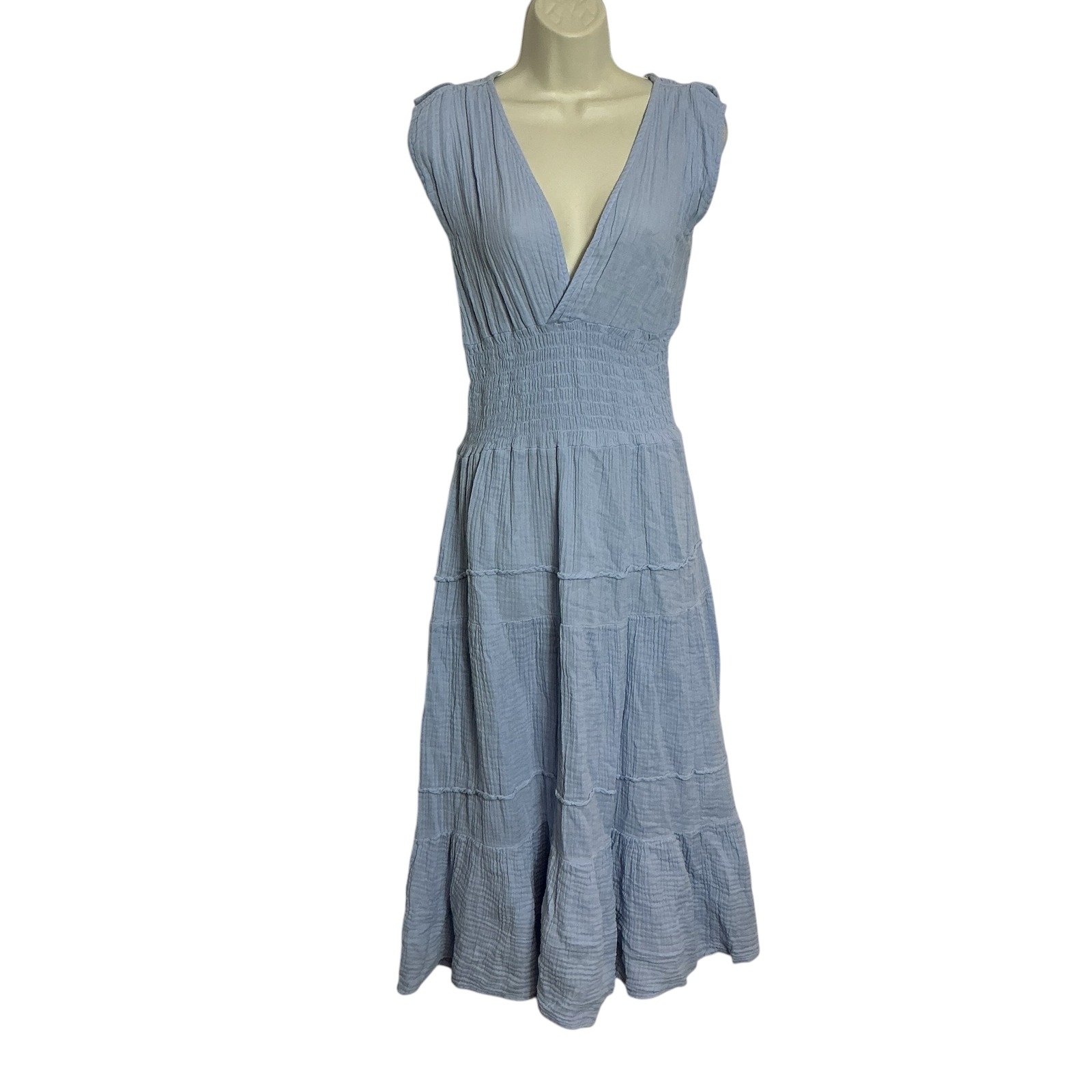 Felicite Size 3 Medium Smocked Gauze Midi Dress Blue Cottagecore Coquette